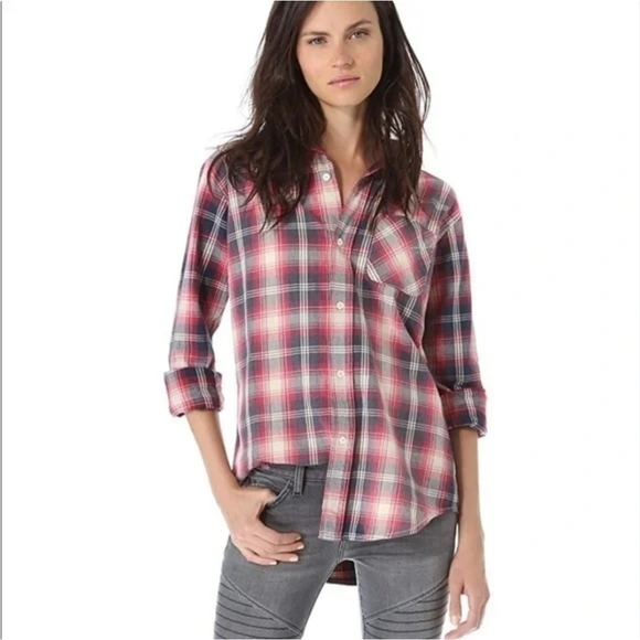 Anthropologie Current/Elliott Plaid Studded Collared Flannel Shirt Size Medium - Picture 1 of 11